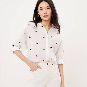 Loft cotton cherry embroidered relaxed shirt in white Size: Small